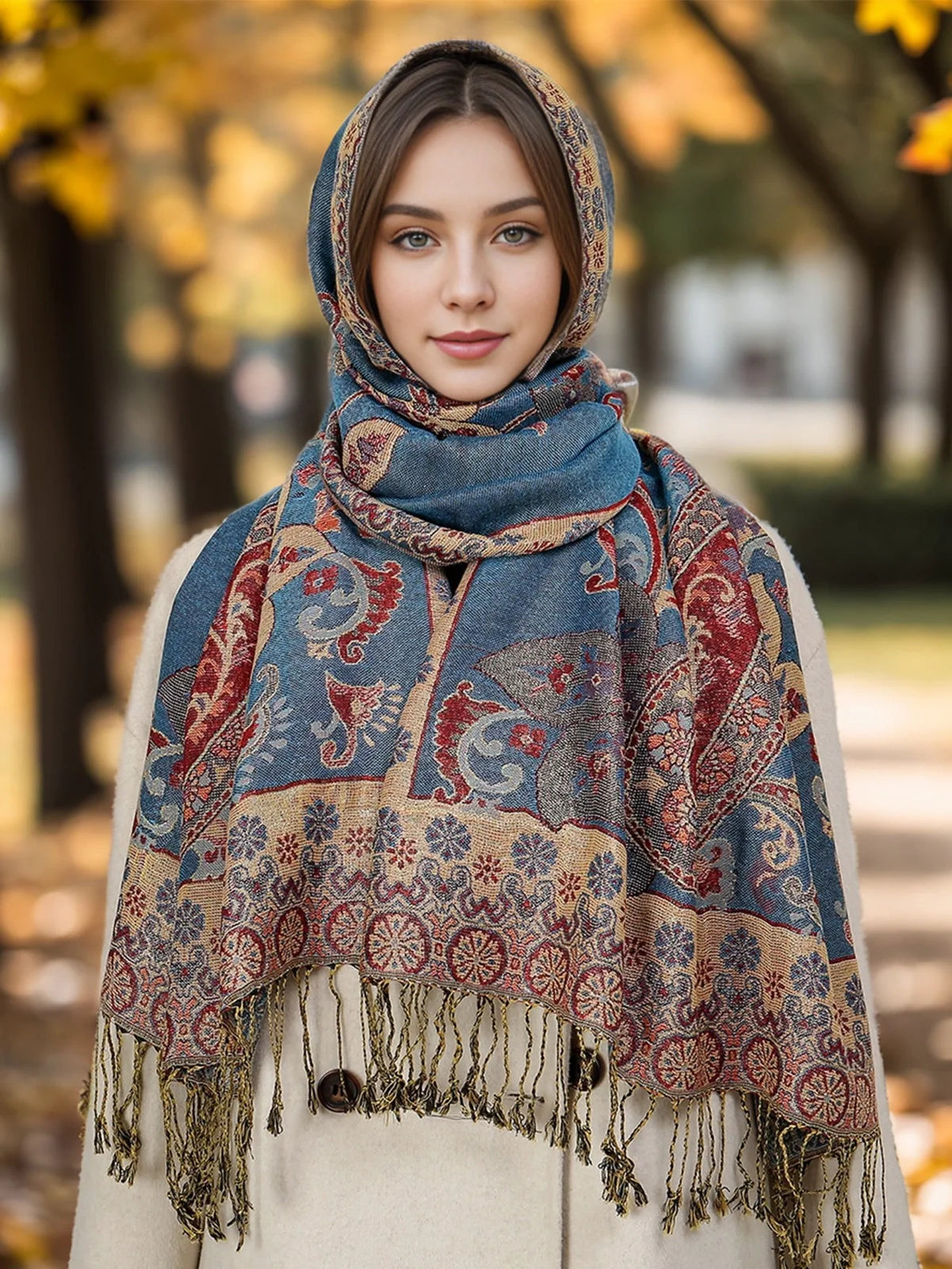 Cashew pattern tassel scarf measuring 176cm long with burgundy colour and ethnic styling