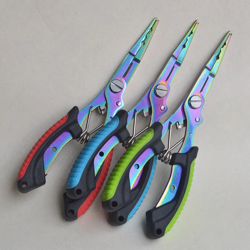 Medium straight mouth multifunctional fishing pliers with hook feature and nylon carrying strap
