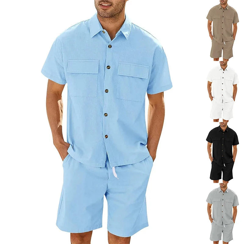 Men's summer suit set with short sleeve lapel shirt and drawstring shorts in linen-cotton blend