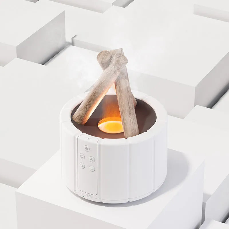 White simulated flame aromatherapy humidifier on desk with mist and soft glow