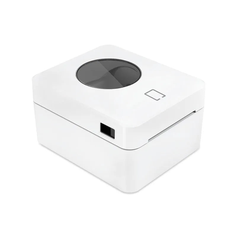 White Bluetooth thermal label printer with USB port on compact desktop stand