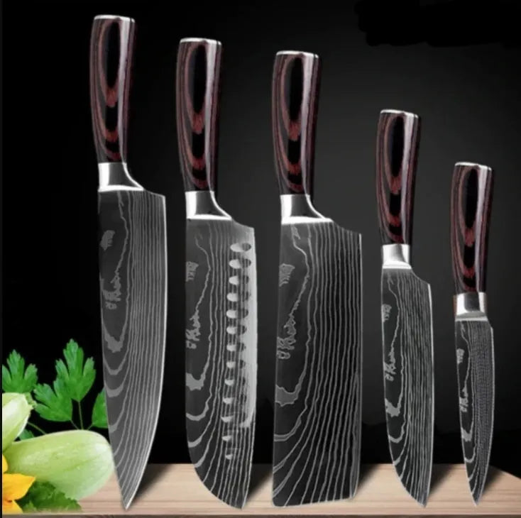 7Cr17 stainless steel kitchen knife with laser Damascus pattern on blade and colour wood handle