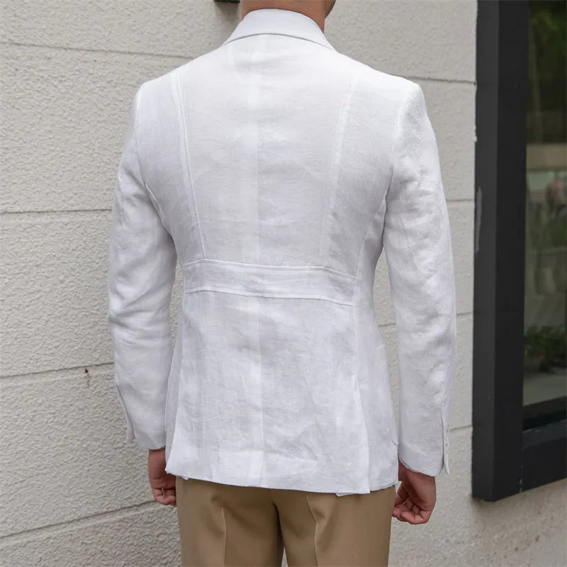 Thin breathable 100% linen casual suit jacket with double-breasted front in White Sky Blue Caramel