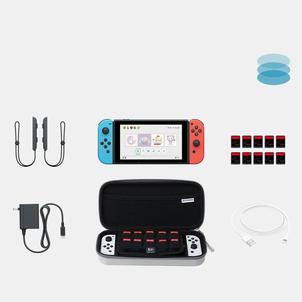 Nintendo Switch OLED storage handbag showing multi-cassette handle and 25.5x12.5x6 cm dimensions