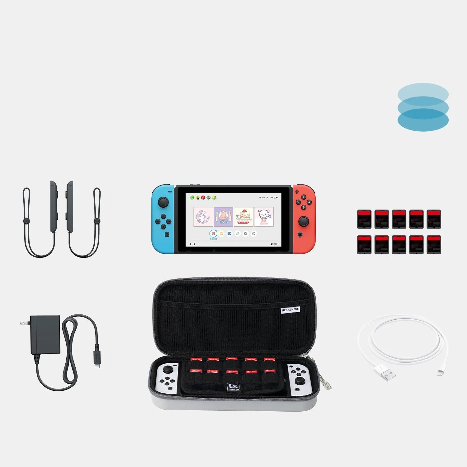 Nintendo Switch OLED storage handbag showing multi-cassette handle and 25.5x12.5x6 cm dimensions