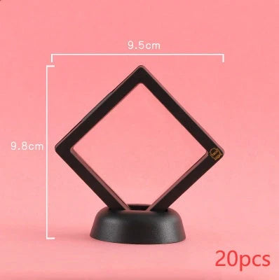 3D floating jewelry display stand showcasing earrings and coins in mid-air