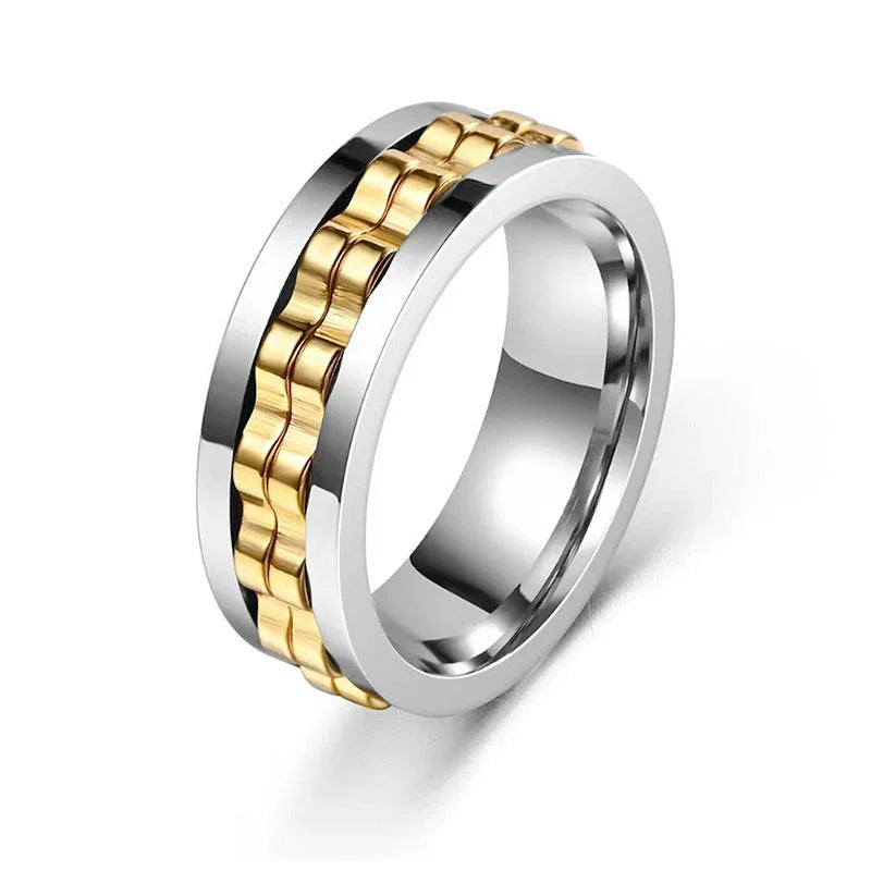 Men's titanium spinner ring with square texture and rotating gear design