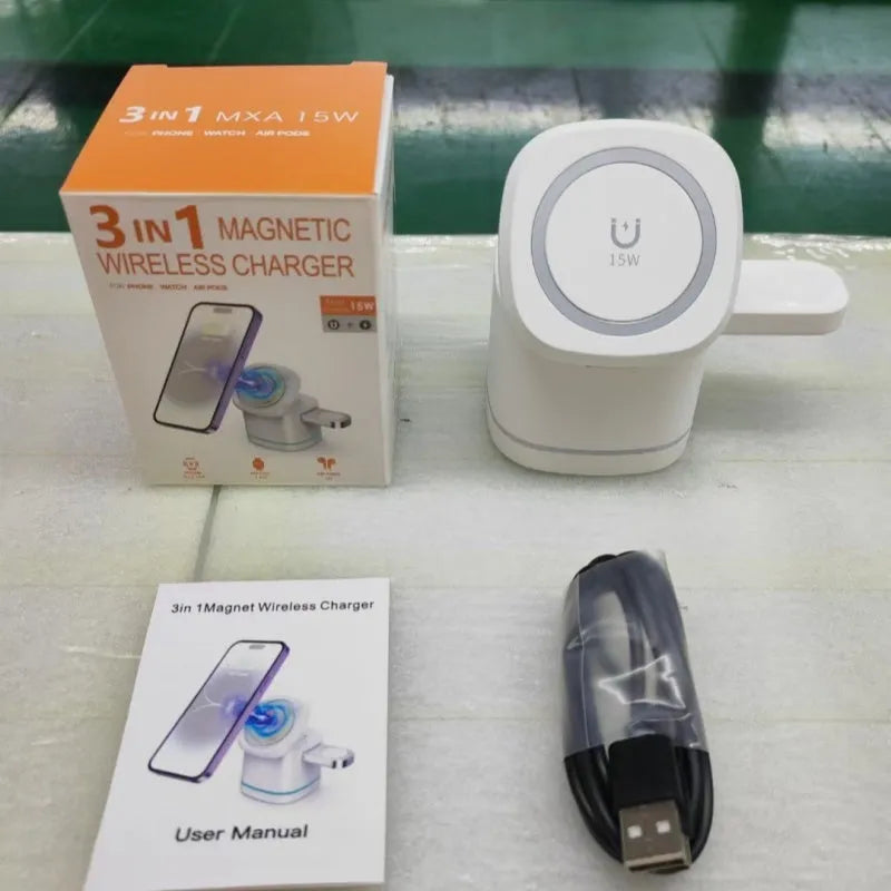 Three-in-one folding magnetic wireless fast charger for mobile earphone watch in Iron Grey