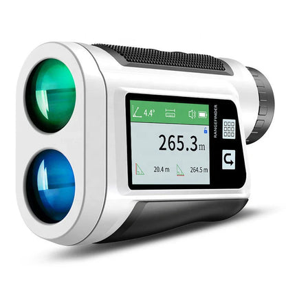 Black and white golf laser rangefinder with touch screen display showing distance measurement