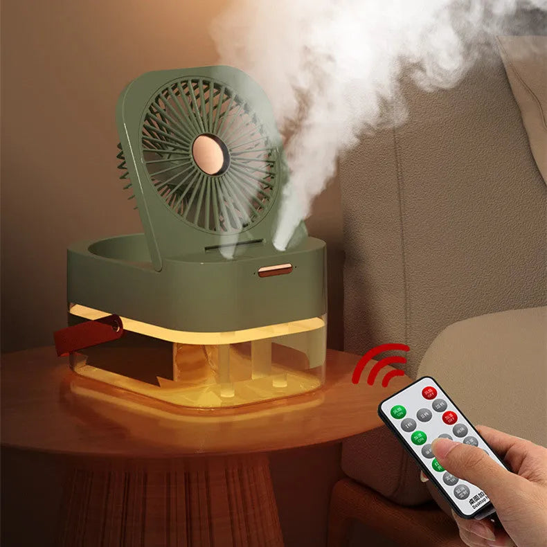 Portable desktop humidifier spray fan with remote control, showing pearl white colour and water tank