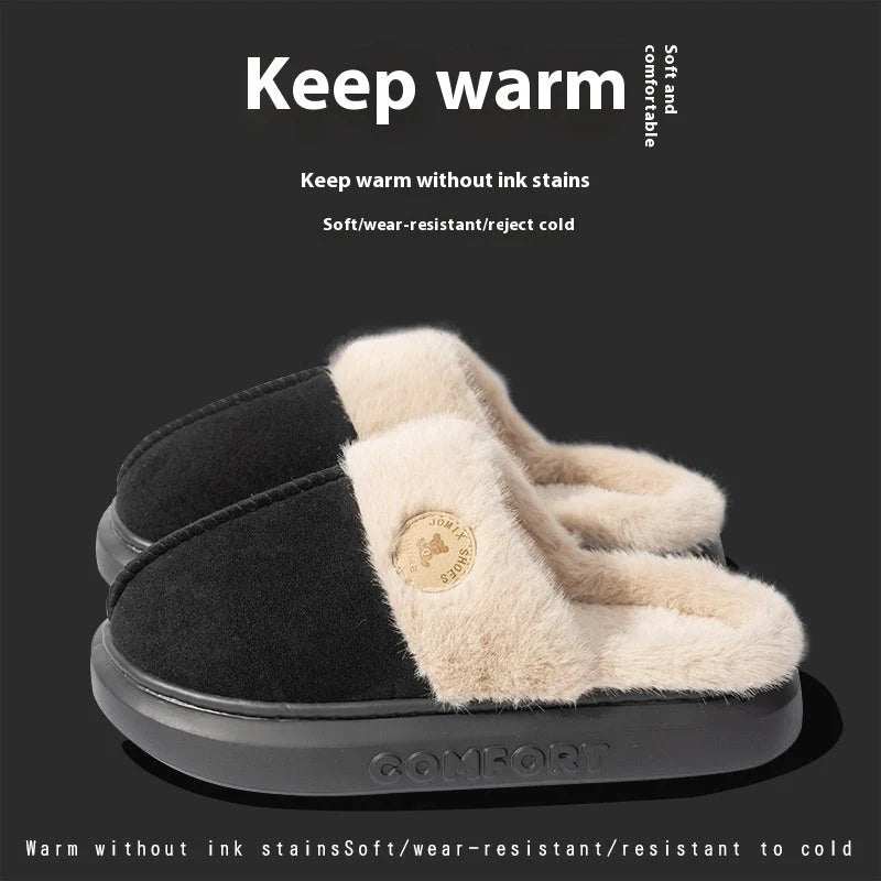 Winter plush slippers for women and men in various colours, featuring thick soles and soft fleece lining