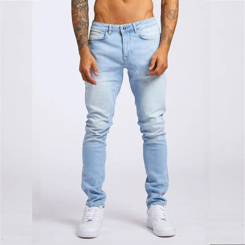 Men's casual slim fit high waist jeans in light blue cotton with five pockets