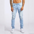 Men's casual slim fit high waist jeans in light blue cotton with five pockets