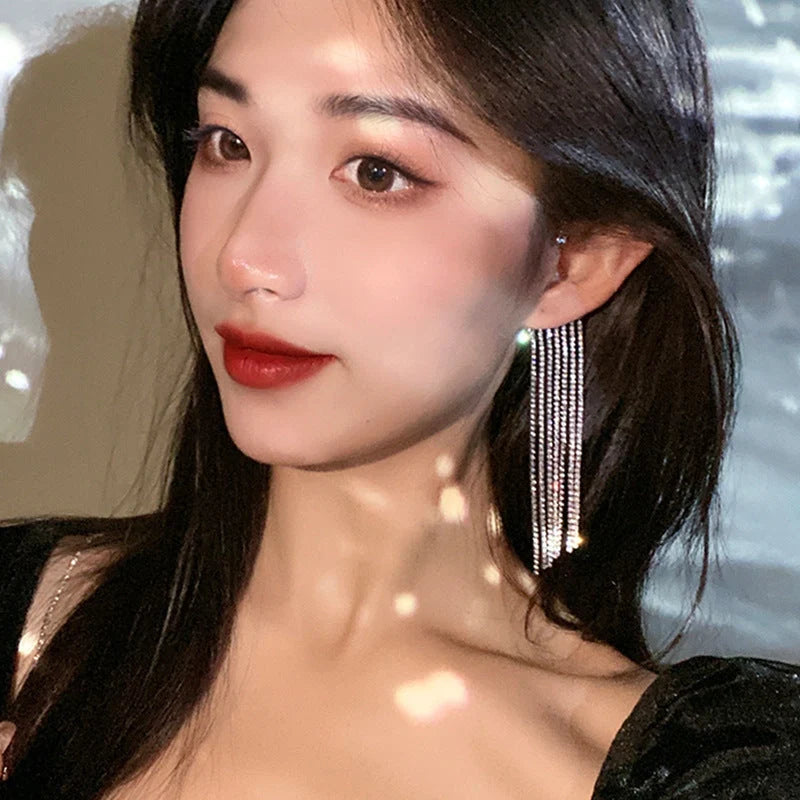 Women's long tassel earrings with 14K real gold plating and geometric design