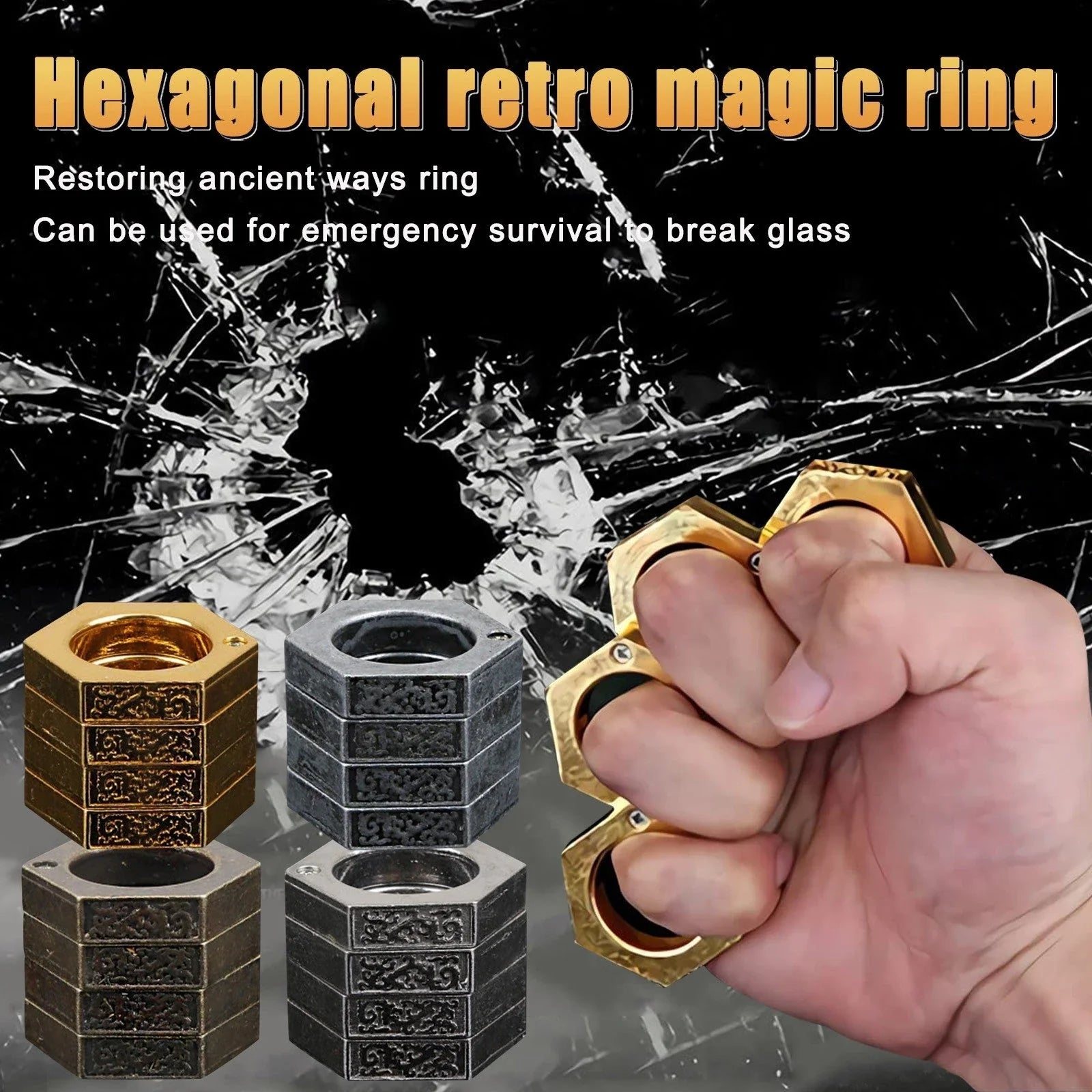 Rugged Self-Defense Ring made of durable alloy with an antique finish, featuring a unique hexagonal design and four interconnected rings for versatile functionality.