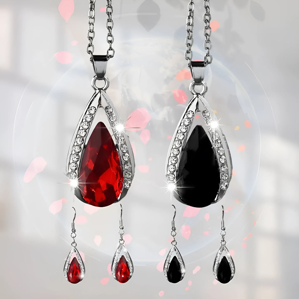 Black and red teardrop glass pendant alloy necklace and earrings jewellery set
