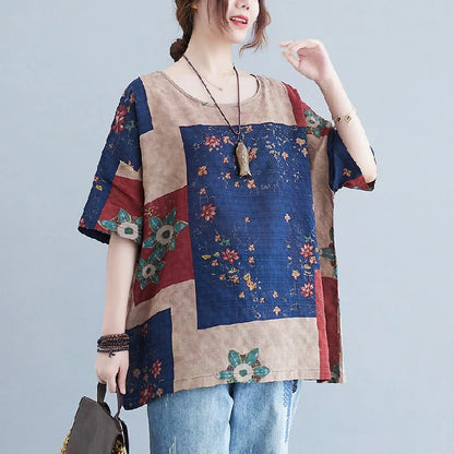 Ethnic style loose round neck print short sleeve t-shirt in ramie fabric