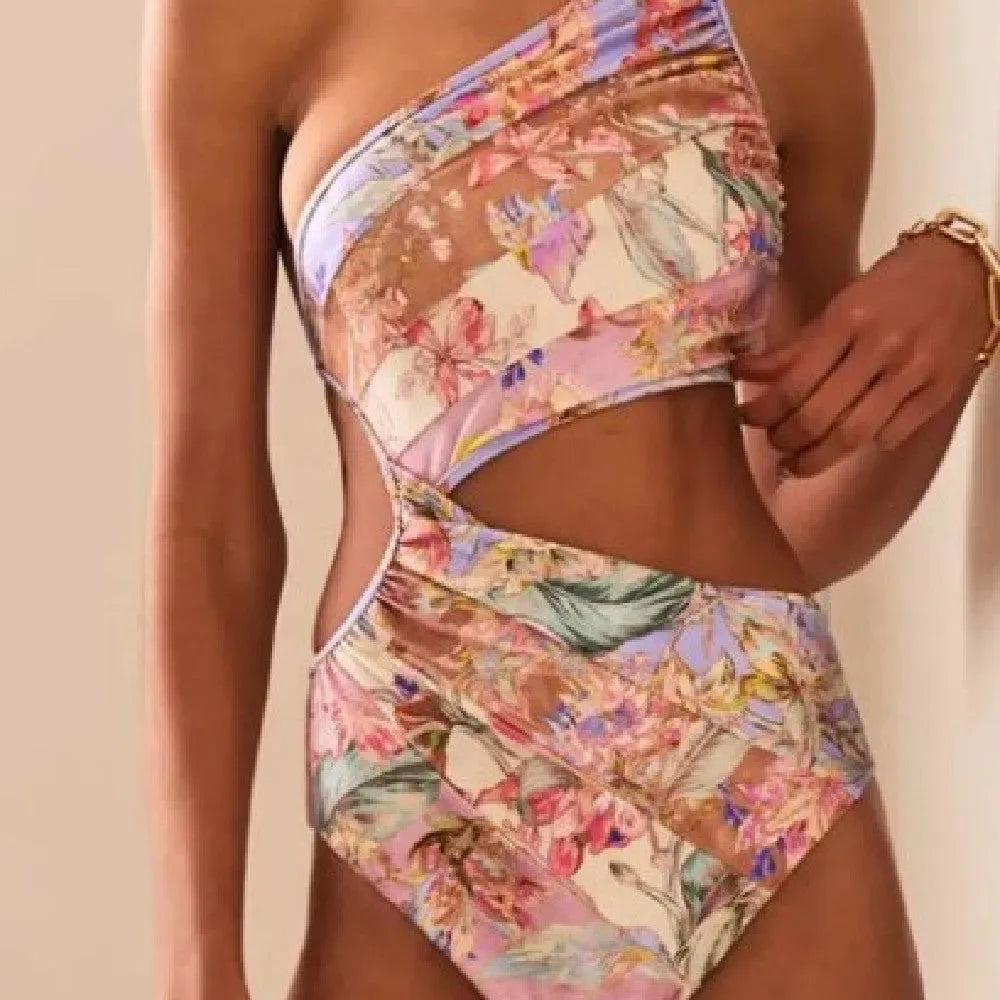 Rose gold patterned women's swimsuit for summer swimming in polyester fabric