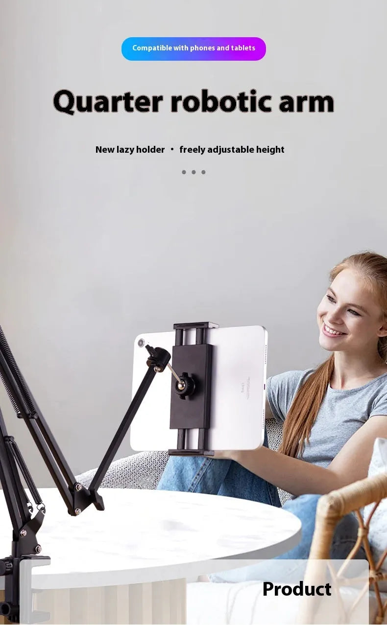 Black foldable metal desktop bracket holding a tablet at an adjustable angle on a desk.
