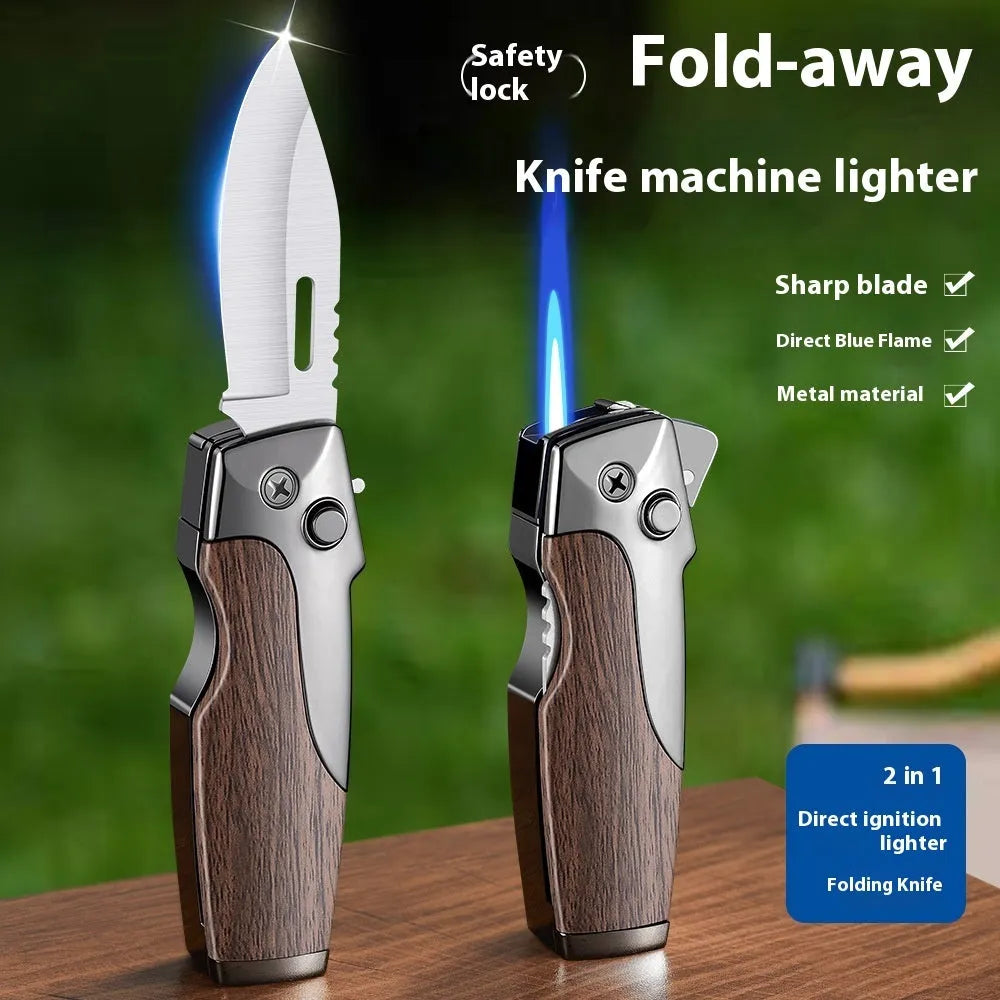 Zinc alloy metal folding lighter and knife multi-tool in a wood grain finish.