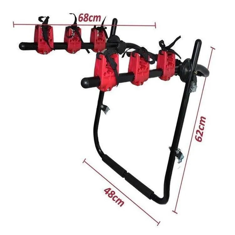 Black and red trunk-mounted car bike rack with iron frame, shown with tie rope fastenings.
