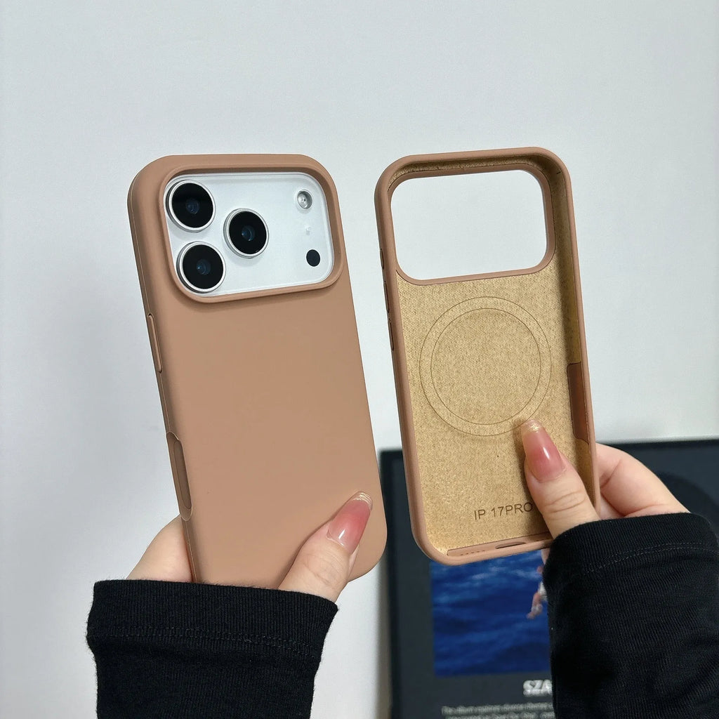 Liquid silicone magnetic iPhone case with Ai button in Antique White colour, showing MagSafe ring.