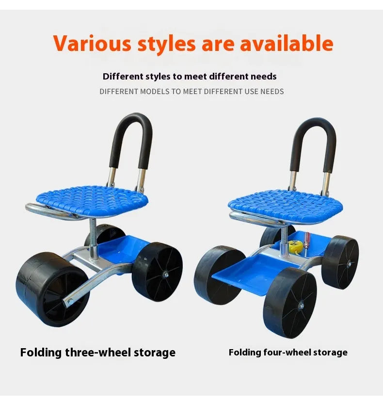 Folding garden mobile seat with wheels and galvanized pipe frame for outdoor use