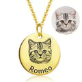 Gold round metal pendant personalised laser engraved with custom text and dog graphic on chain