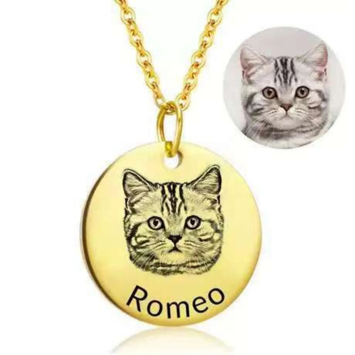 Gold round metal pendant personalised laser engraved with custom text and dog graphic on chain
