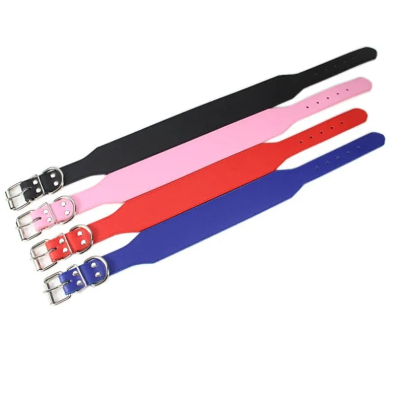Fish-shaped leather dog collar for large dogs in red, blue, black, pink, or brown.