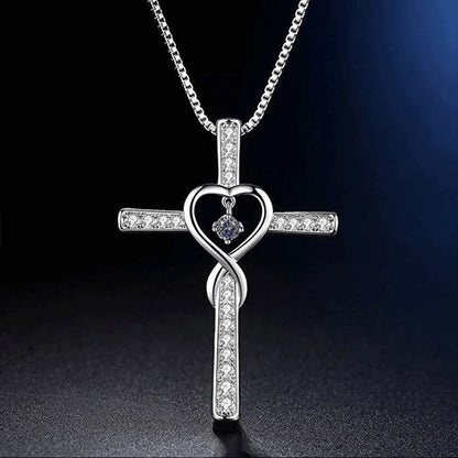 Christian Cross Birthstone Pendant Necklace with Zircon Heart in gold-plated finish