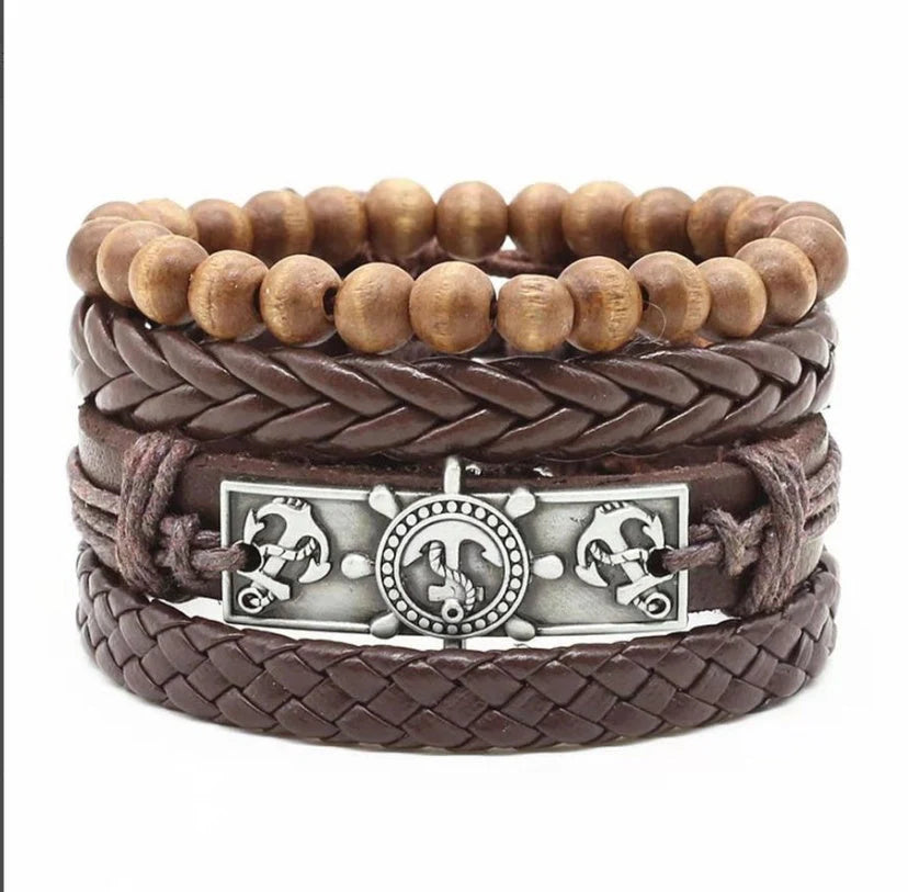 Men's genuine leather vintage braided bracelet with adjustable sliding knot