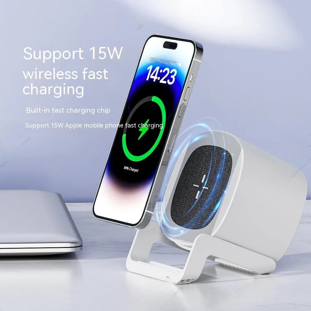 Four-in-one mobile phone holder wireless charger Bluetooth speaker in ABS fabric, L28 Black colour, compact desktop design with phone on holder