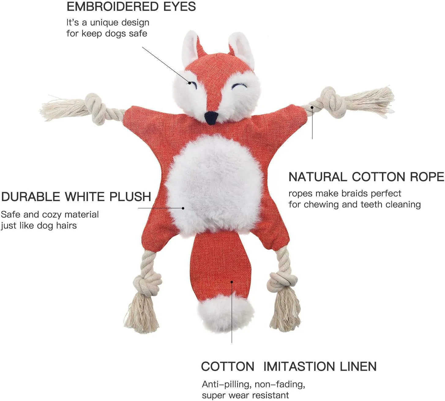 Fox-shaped plush dog toy with rope arms and legs in brown colour