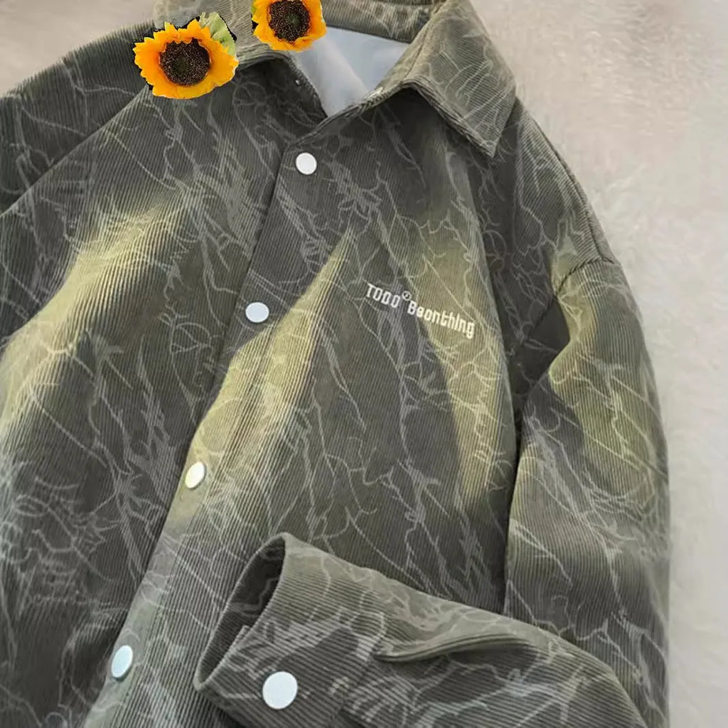 Men's embroidered corduroy shirt cardigan loose fit long sleeves black green front view