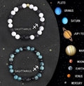 Two adjustable natural stone bead bracelets showing zodiac sign designs on a wooden surface.