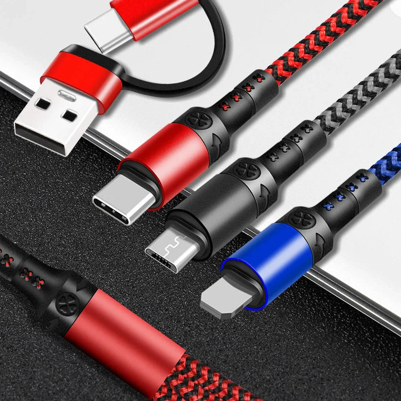 Braided 5-in-1 fast charging data cable with Type C connector measuring 1.2 metres long