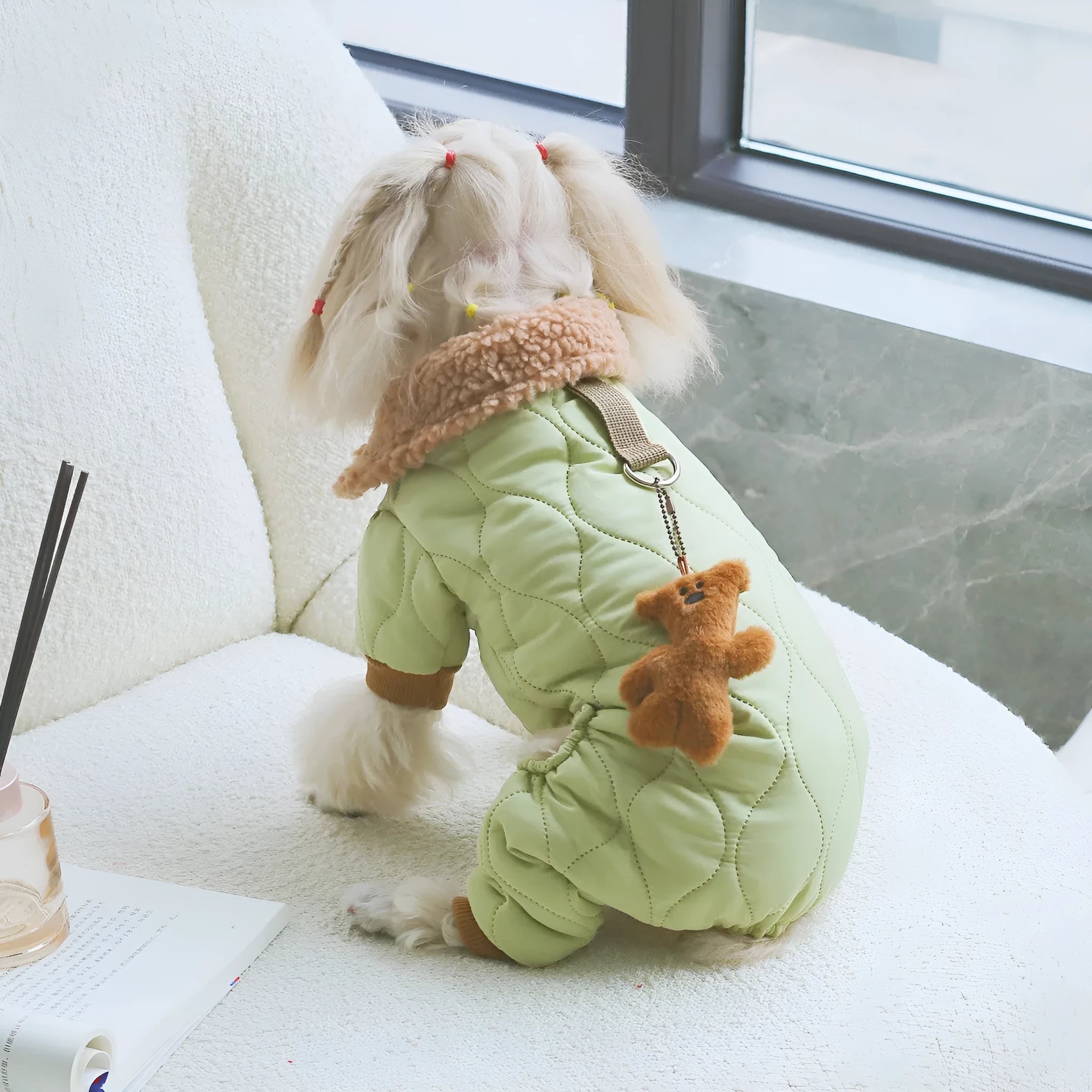 Light green cotton pet clothing with extra thick band and toy bear pendant on a dog