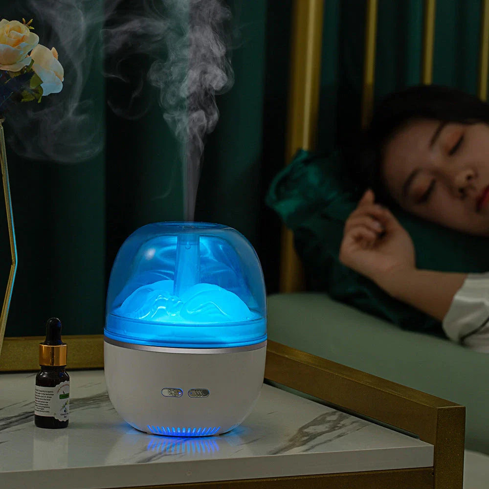 Soothing ultrasonic aroma humidifier with color-changing LED lights, designed to improve air quality and create a relaxing atmosphere in your home or office