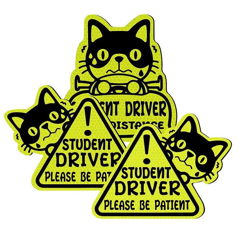 Set of three reflective magnetic car stickers featuring cat, duck, and panda designs on a vehicle window.