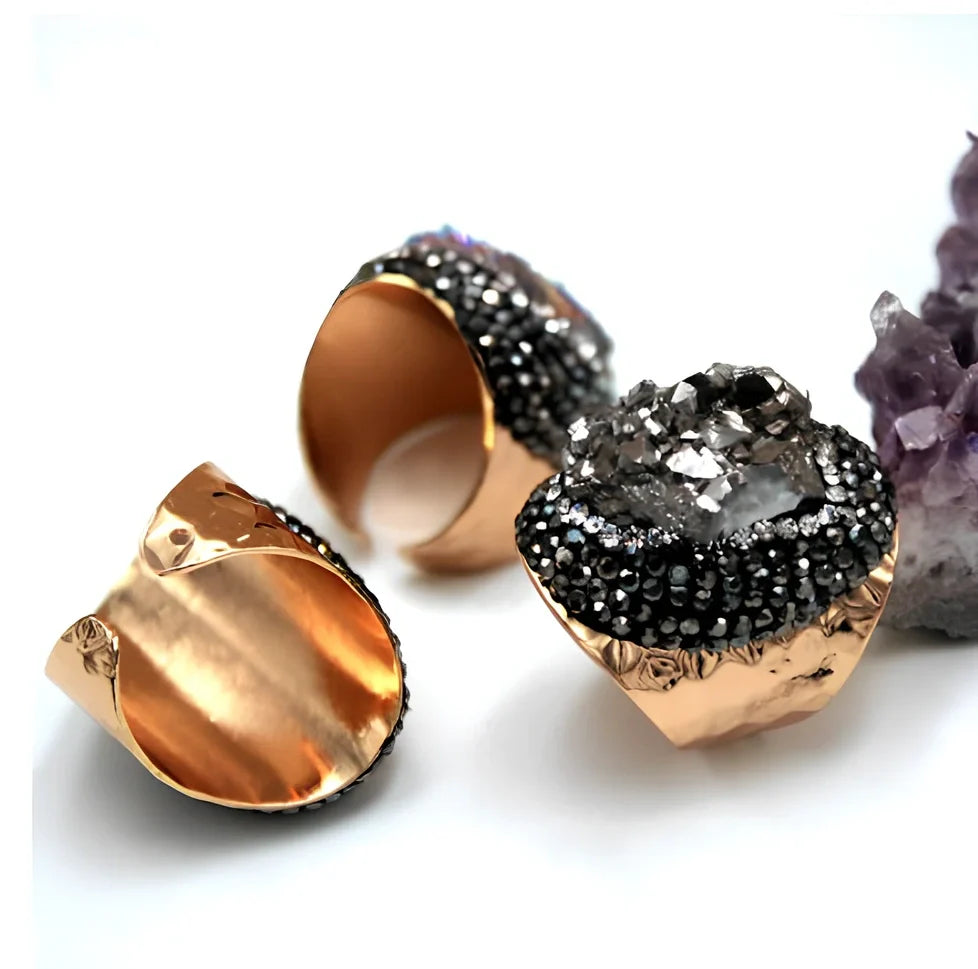 Geometric agate crystal ring in blue, featuring 2-3cm natural stone on adjustable band for everyday wear