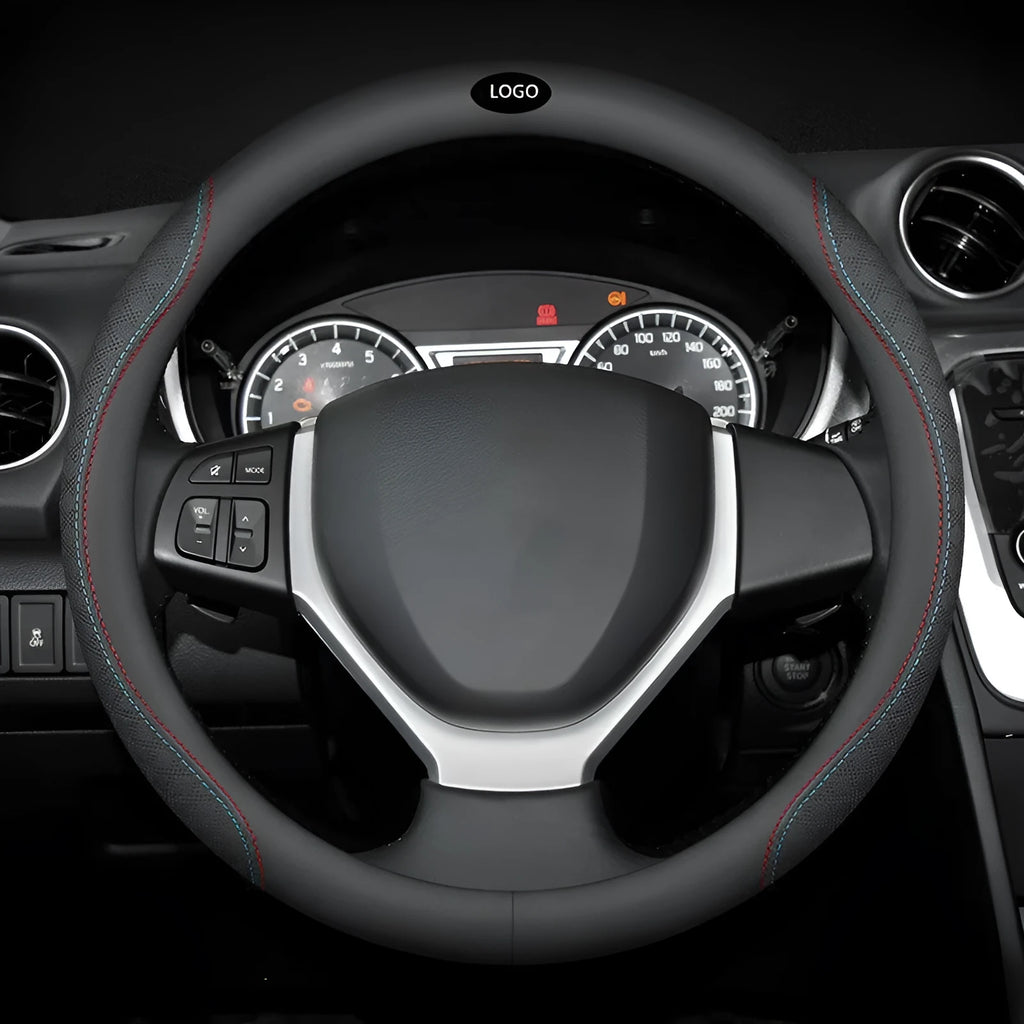 Black two-colour line leather steering wheel cover for Suzuki cars with 38cm diameter