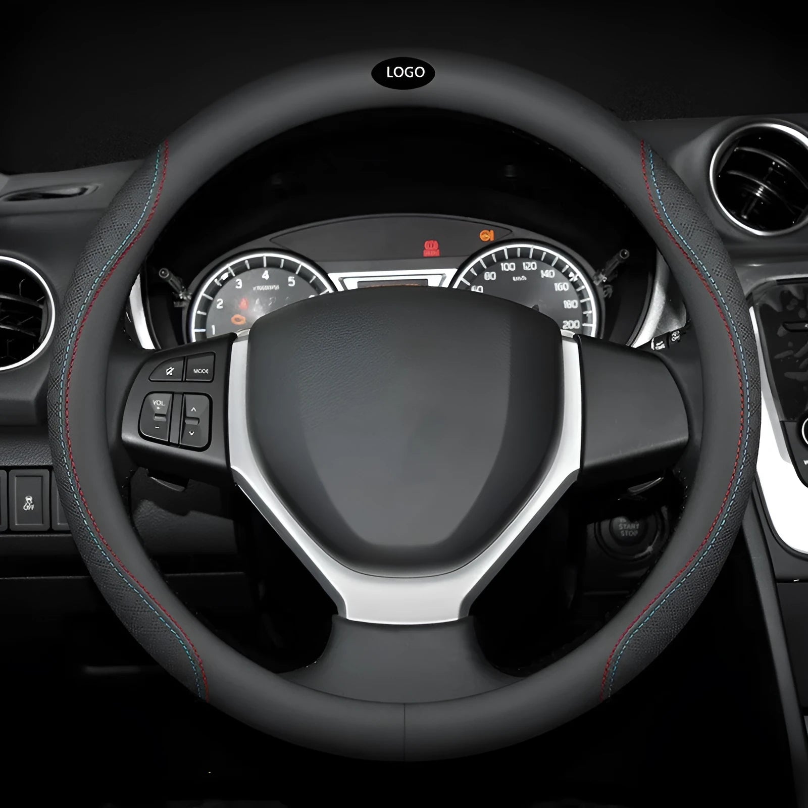 Black two-colour line leather steering wheel cover for Suzuki cars with 38cm diameter