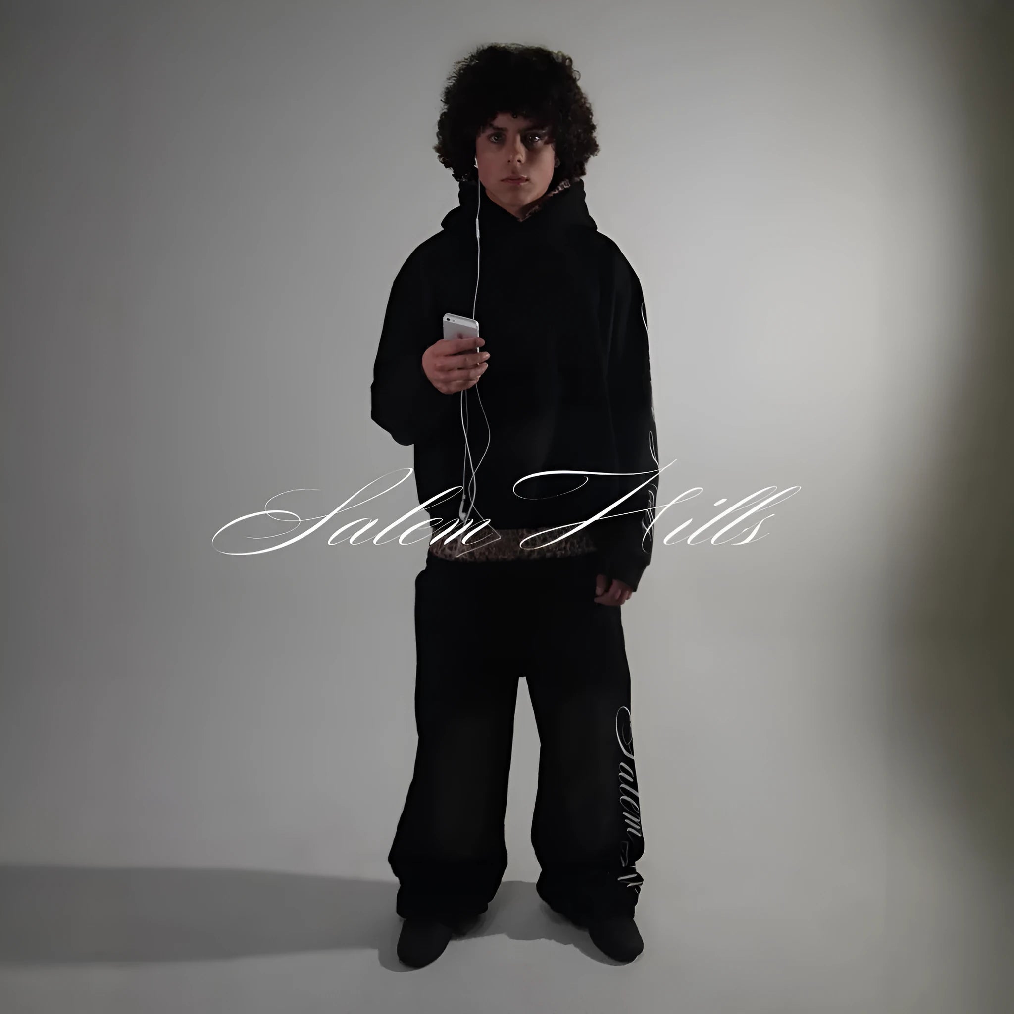 Men's black punk print hoodie tracksuit set with matching trousers and fleece lining