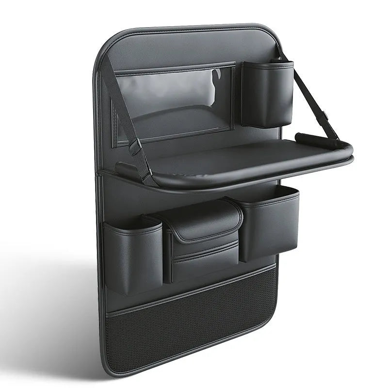 Waterproof leather car seat lazyback storage bag with foldable dining table, shown in black.