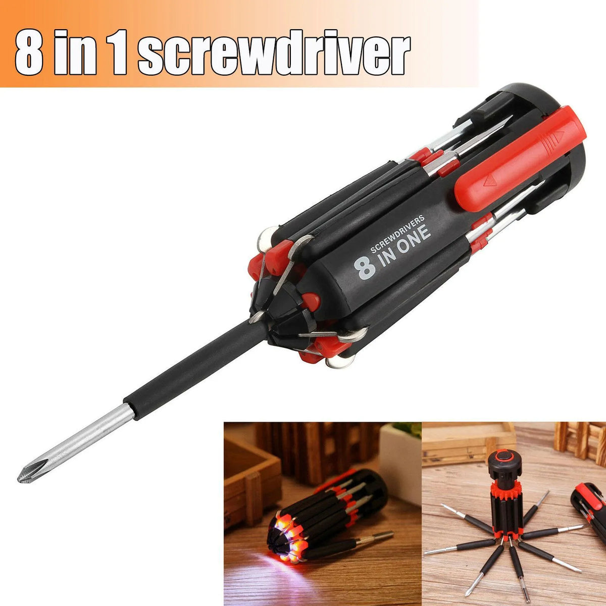 8-in-1 screwdriver with LED flashlight, stainless steel body, magnetic heads, retractable 20cm length