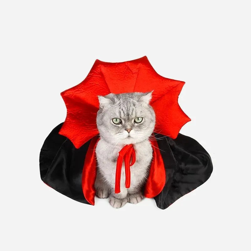 Vampire Halloween cloak costume for small dogs and cats showing three size options with measurements