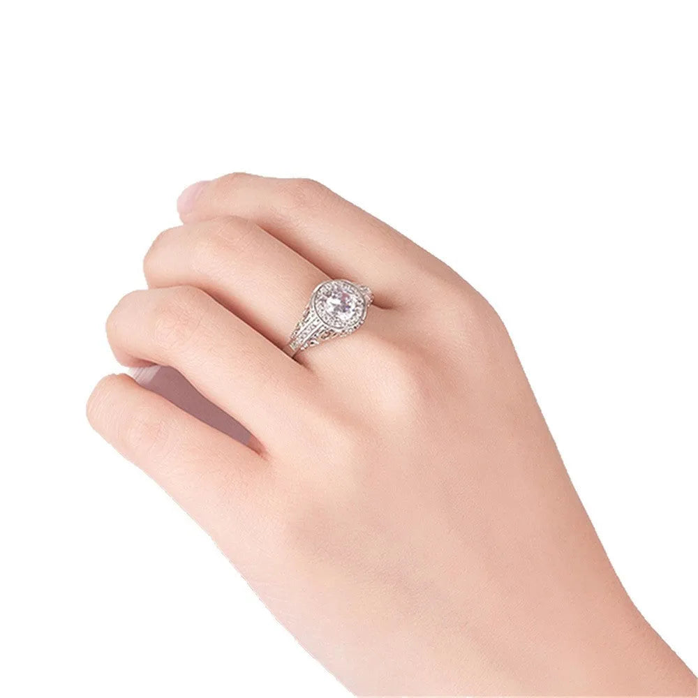 Love Texture heart-shaped zircon ring on copper base with electroplated white gold finish, US size 7