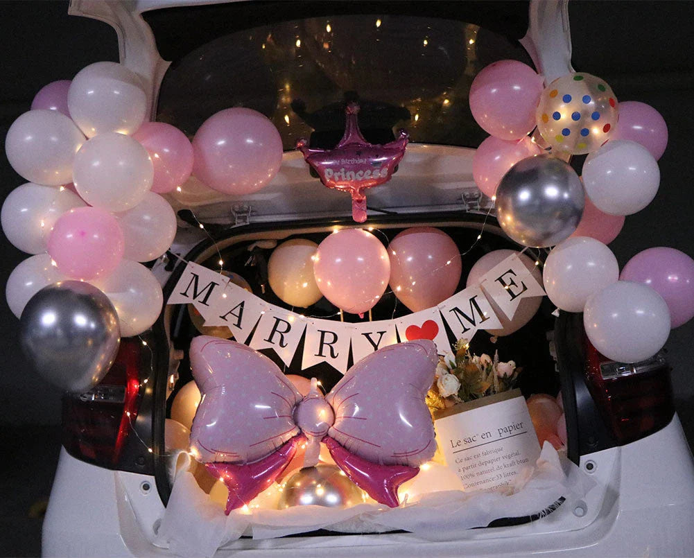 Romantic car trunk proposal decoration set with balloons, flags, and accessories for girlfriend's birthday celebration