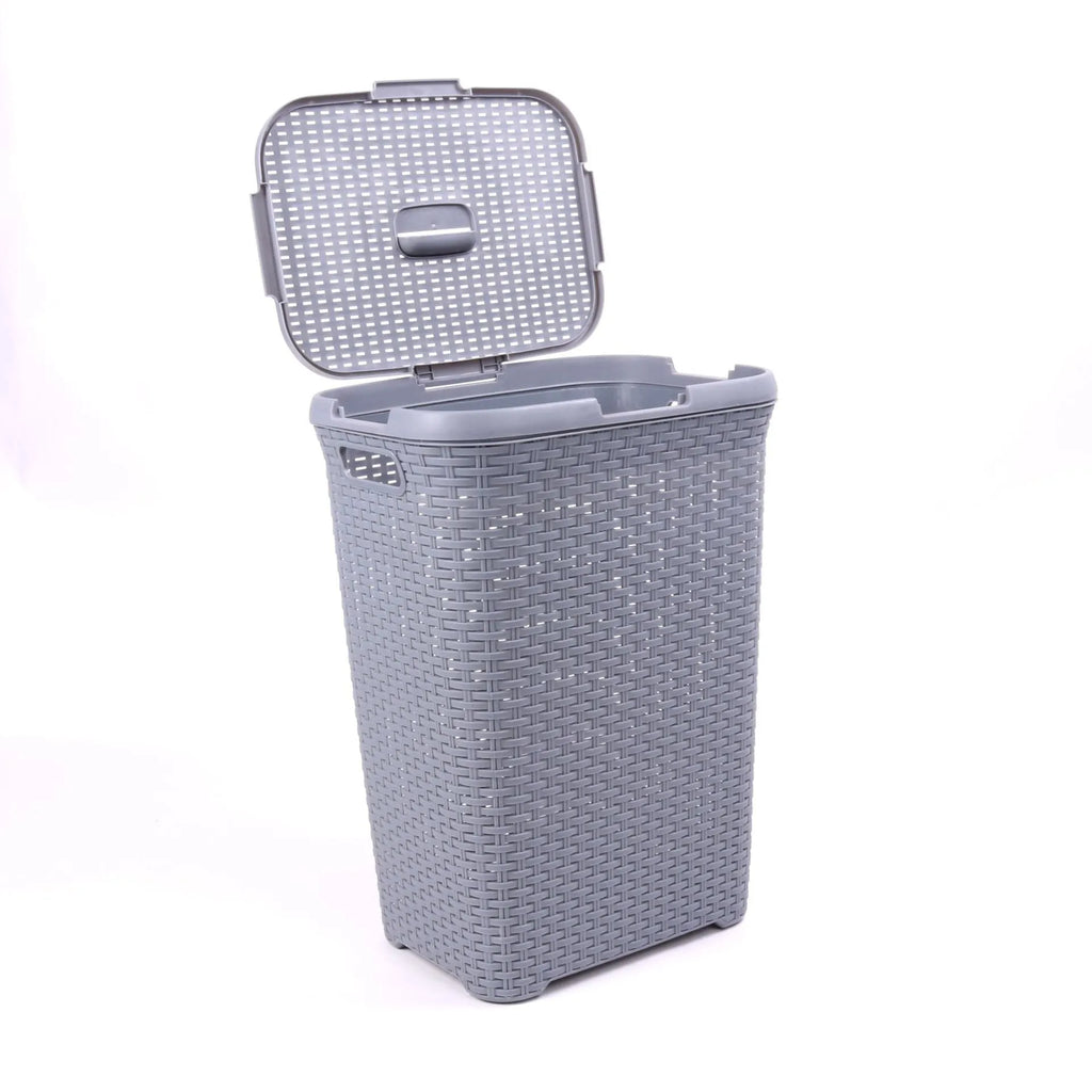 Plastic rattan woven laundry basket in beige color 44x34x62cm polypropylene